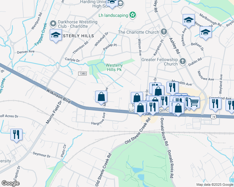 map of restaurants, bars, coffee shops, grocery stores, and more near in Charlotte
