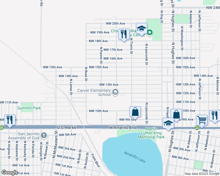 map of restaurants, bars, coffee shops, grocery stores, and more near 1915 Northwest 13th Avenue in Amarillo