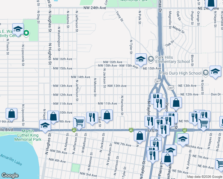map of restaurants, bars, coffee shops, grocery stores, and more near 1301-1399 North Van Buren Street in Amarillo