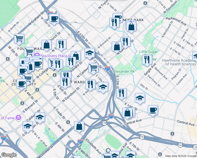 map of restaurants, bars, coffee shops, grocery stores, and more near 654 East 10th Street in Charlotte