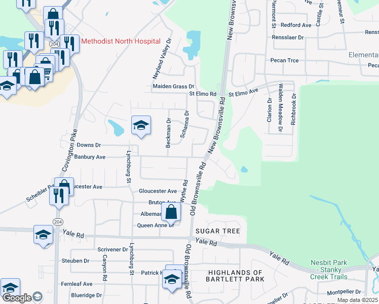 map of restaurants, bars, coffee shops, grocery stores, and more near 3697 Rippling Creek Lane in Bartlett