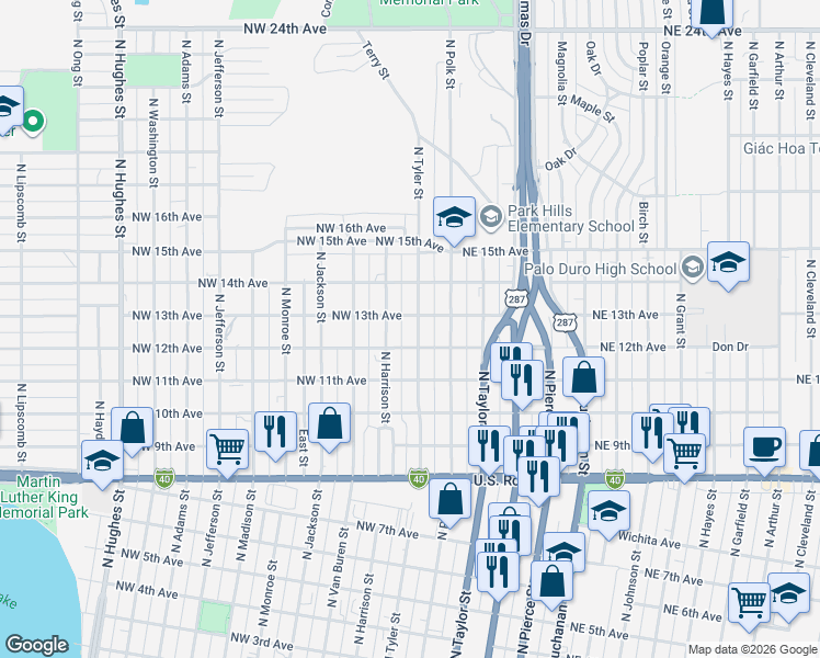 map of restaurants, bars, coffee shops, grocery stores, and more near 1302 North Harrison Street in Amarillo