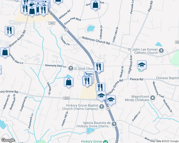 map of restaurants, bars, coffee shops, grocery stores, and more near 5649 Kimmerly Woods Drive in Charlotte