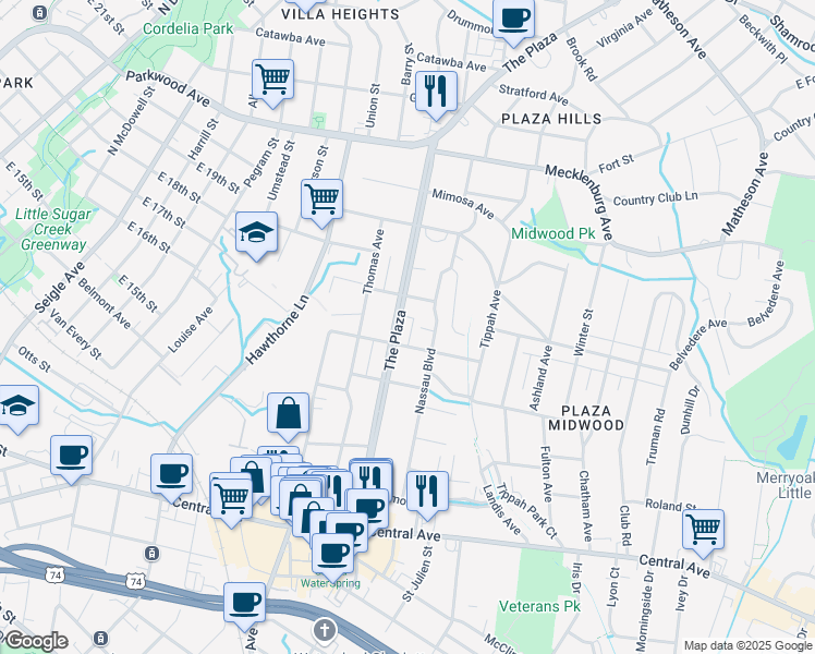 map of restaurants, bars, coffee shops, grocery stores, and more near 1841 The Plaza in Charlotte