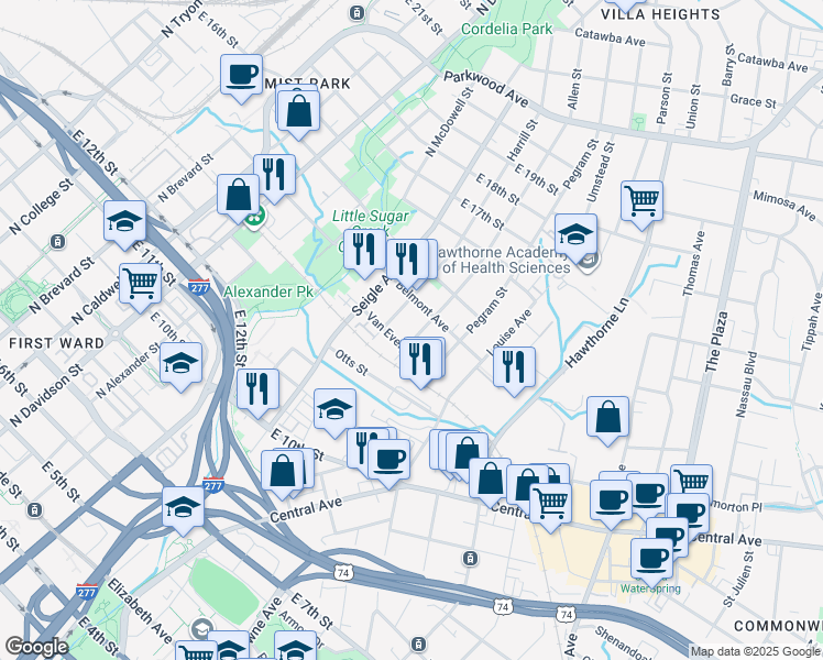 map of restaurants, bars, coffee shops, grocery stores, and more near 1027 Harrill Street in Charlotte