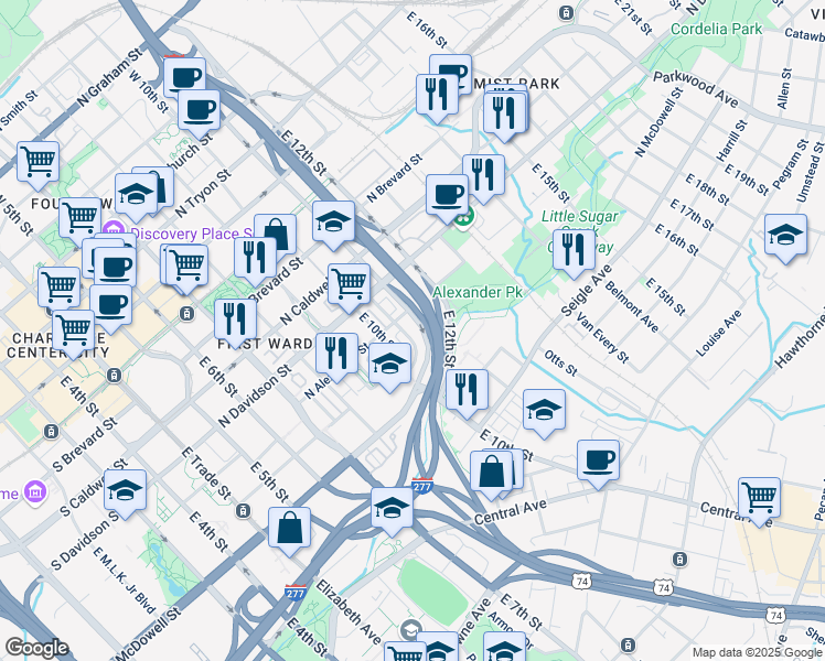 map of restaurants, bars, coffee shops, grocery stores, and more near 799 Garden District Drive in Charlotte