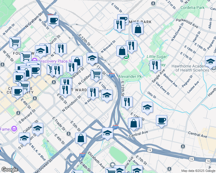 map of restaurants, bars, coffee shops, grocery stores, and more near 613 Garden District Drive in Charlotte