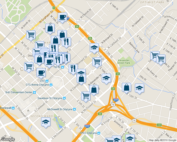 map of restaurants, bars, coffee shops, grocery stores, and more near 503 East 9th Street in Charlotte
