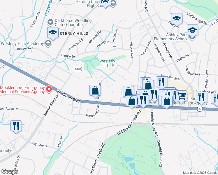 map of restaurants, bars, coffee shops, grocery stores, and more near in Charlotte