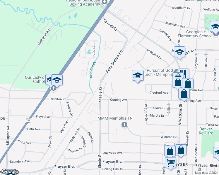 map of restaurants, bars, coffee shops, grocery stores, and more near 3689-3723 Pershing Park Drive in Memphis