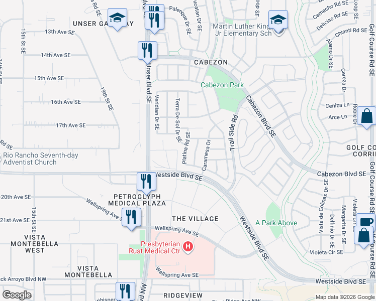 map of restaurants, bars, coffee shops, grocery stores, and more near 1817 Terra De Sol Drive Southeast in Rio Rancho