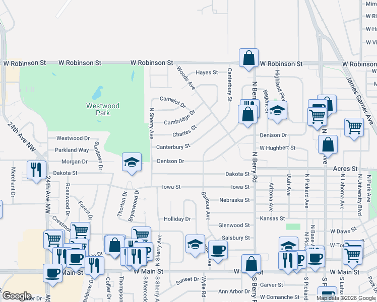 map of restaurants, bars, coffee shops, grocery stores, and more near 1517 Canterbury Street in Norman