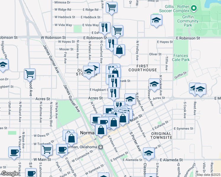 map of restaurants, bars, coffee shops, grocery stores, and more near 622 North Porter Avenue in Norman
