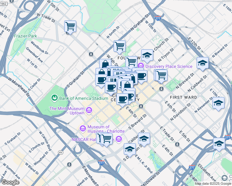 map of restaurants, bars, coffee shops, grocery stores, and more near 106 West Trade Street in Charlotte
