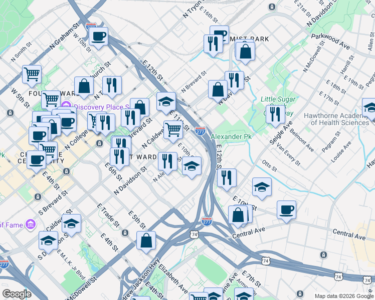 map of restaurants, bars, coffee shops, grocery stores, and more near in Charlotte