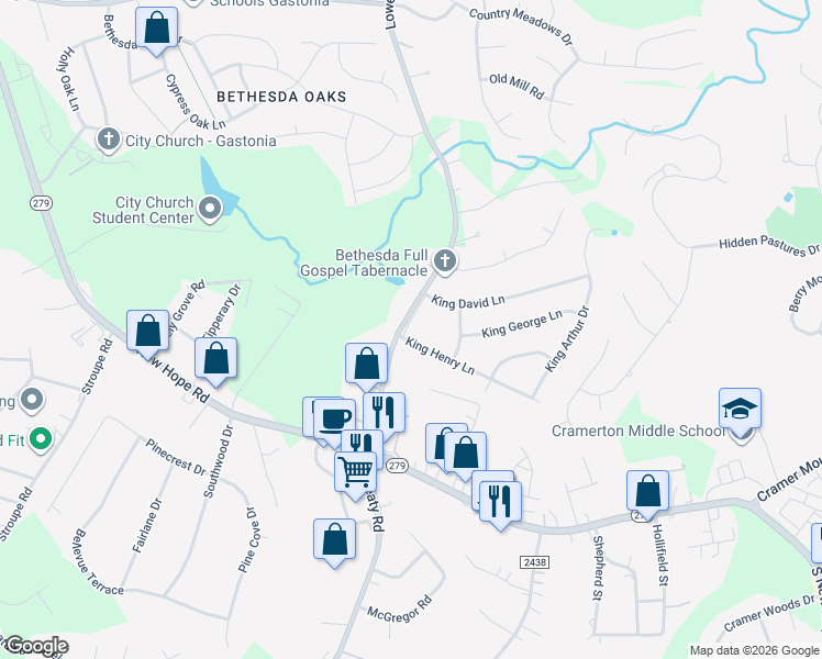 map of restaurants, bars, coffee shops, grocery stores, and more near 100 Willow Run Drive in Gastonia