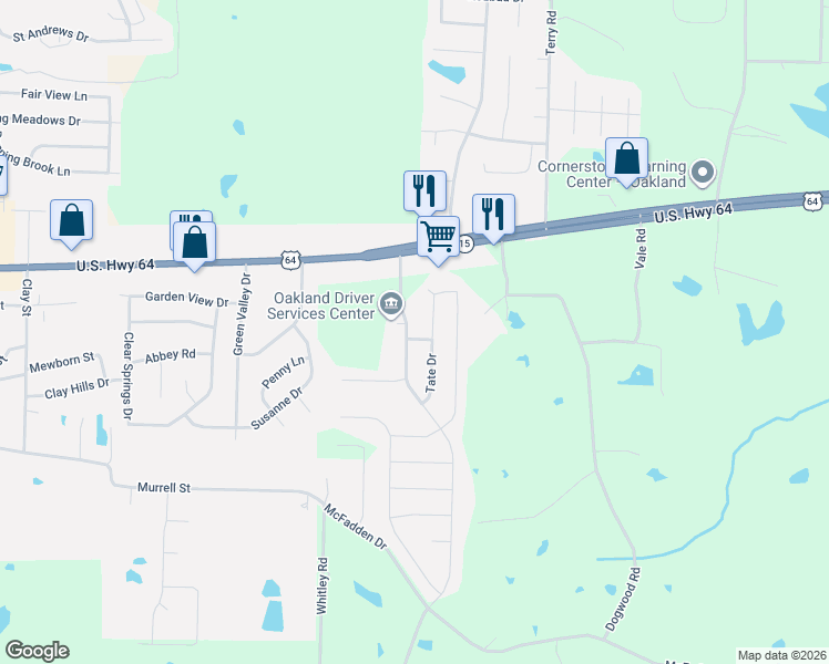 map of restaurants, bars, coffee shops, grocery stores, and more near 175 Tate Drive in Oakland