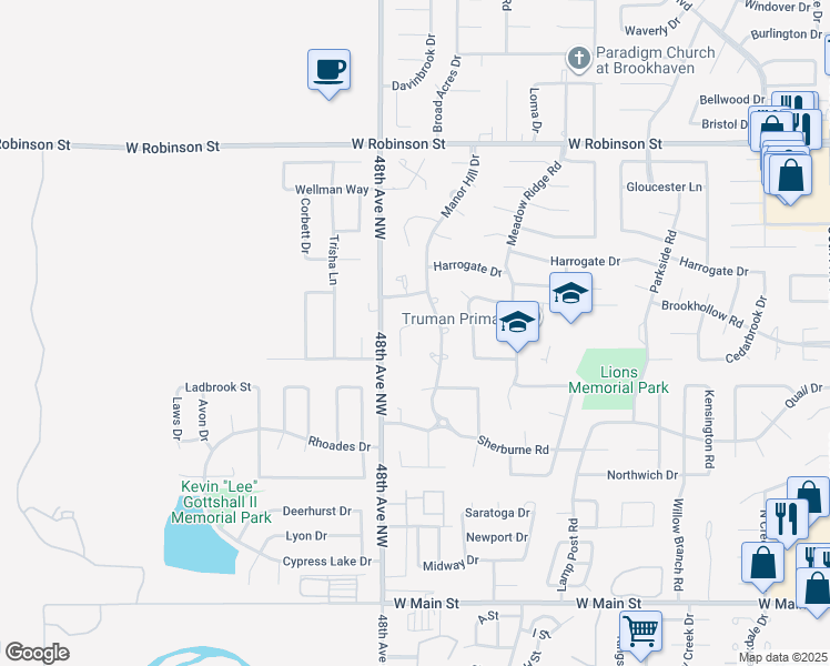 map of restaurants, bars, coffee shops, grocery stores, and more near 4705 Windrush Circle in Norman