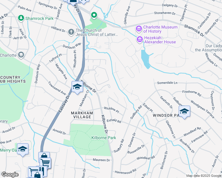 map of restaurants, bars, coffee shops, grocery stores, and more near 2215 Kilborne Drive in Charlotte