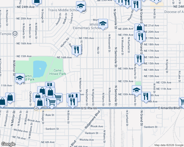 map of restaurants, bars, coffee shops, grocery stores, and more near 3002-3004 Northeast 14th Avenue in Amarillo