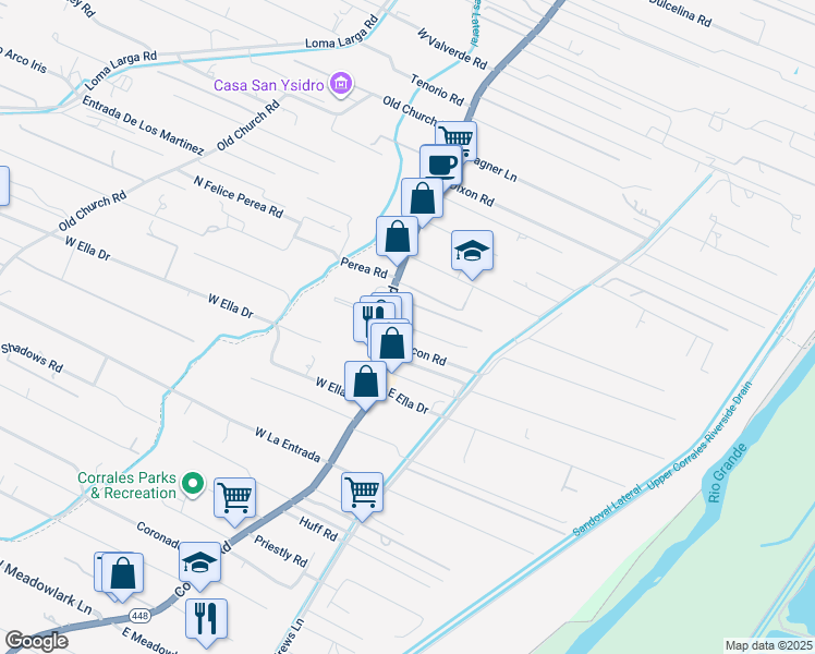 map of restaurants, bars, coffee shops, grocery stores, and more near 4678 Corrales Road in Corrales