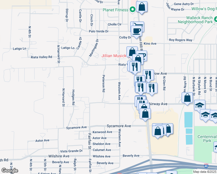 map of restaurants, bars, coffee shops, grocery stores, and more near 3600 Peterson Road in Kingman
