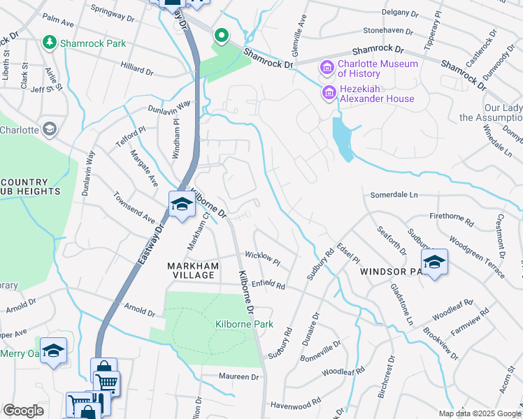 map of restaurants, bars, coffee shops, grocery stores, and more near 2215 Kilborne Drive in Charlotte