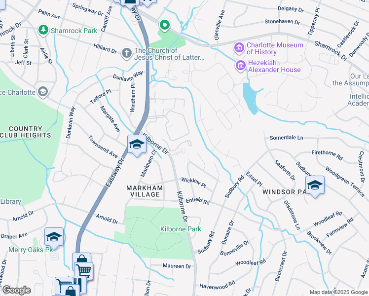 map of restaurants, bars, coffee shops, grocery stores, and more near 2209 Kilborne Drive in Charlotte
