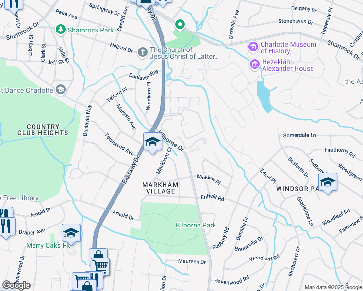 map of restaurants, bars, coffee shops, grocery stores, and more near 2123 Kilborne Drive in Charlotte