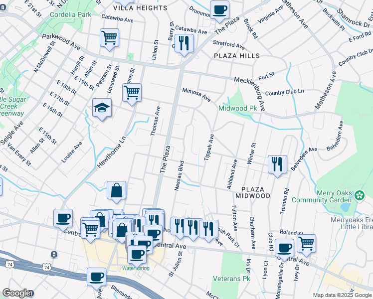 map of restaurants, bars, coffee shops, grocery stores, and more near 1839 Nassau Boulevard in Charlotte