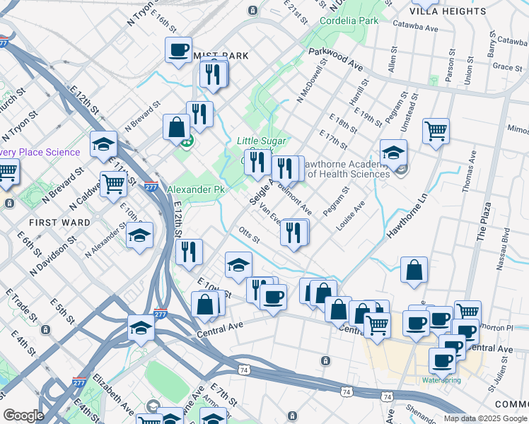 map of restaurants, bars, coffee shops, grocery stores, and more near 1000 Seigle Avenue in Charlotte