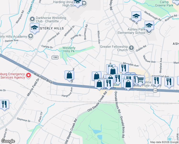 map of restaurants, bars, coffee shops, grocery stores, and more near 3603 Simmons Street in Charlotte