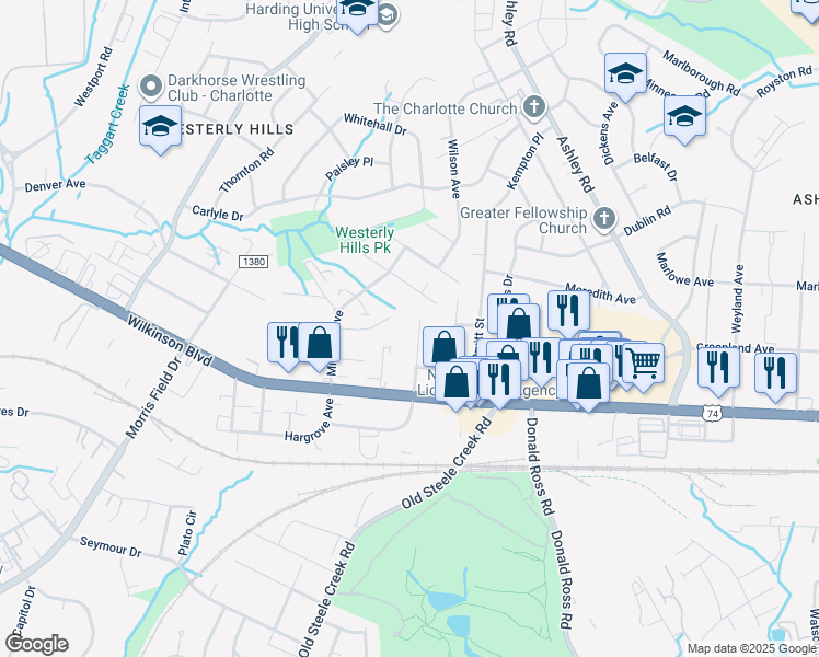 map of restaurants, bars, coffee shops, grocery stores, and more near 3603 Simmons Street in Charlotte
