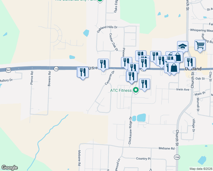 map of restaurants, bars, coffee shops, grocery stores, and more near 45 Cameron Drive in Oakland