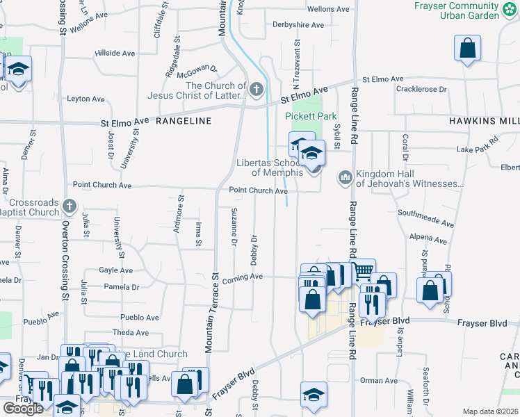 map of restaurants, bars, coffee shops, grocery stores, and more near 3735 Debby Drive in Memphis