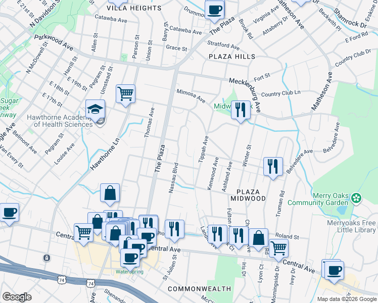 map of restaurants, bars, coffee shops, grocery stores, and more near 1924 Thurmond Place in Charlotte
