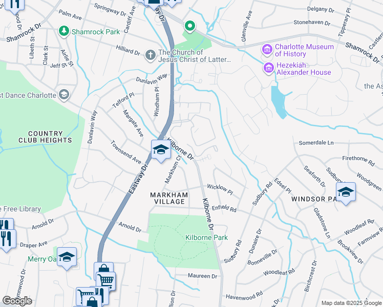 map of restaurants, bars, coffee shops, grocery stores, and more near 2123 Kilborne Drive in Charlotte