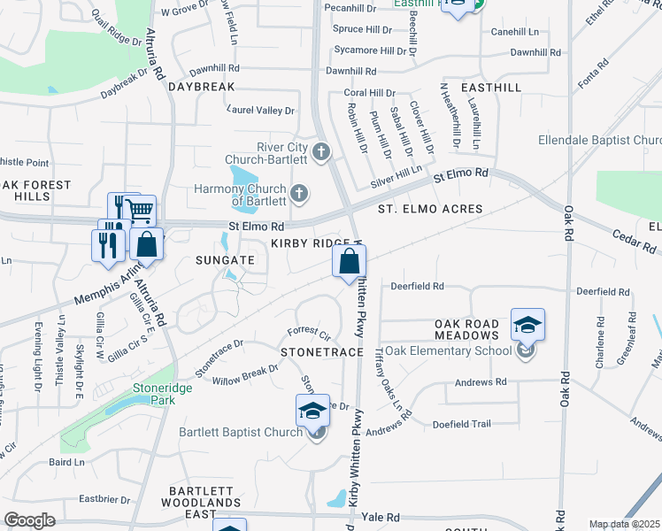 map of restaurants, bars, coffee shops, grocery stores, and more near 6771 Oakmoor Circle South in Bartlett