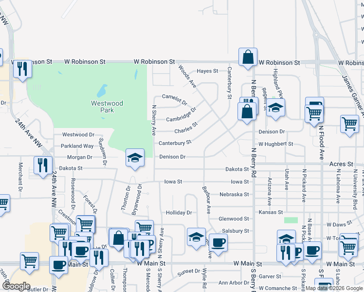 map of restaurants, bars, coffee shops, grocery stores, and more near 1607 Canterbury Street in Norman