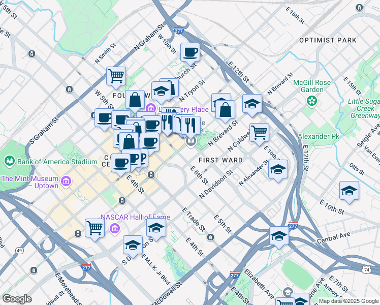 map of restaurants, bars, coffee shops, grocery stores, and more near 300 East 7th Street in Charlotte