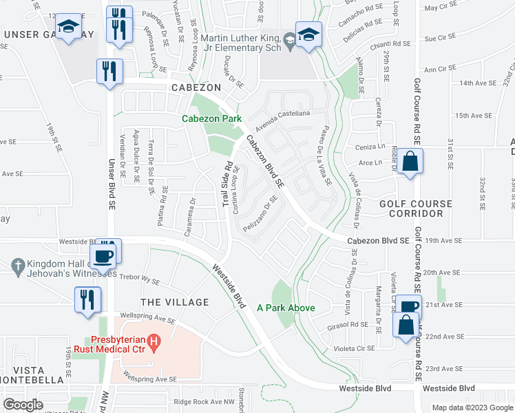 map of restaurants, bars, coffee shops, grocery stores, and more near 2448 Treviso Drive Southeast in Rio Rancho