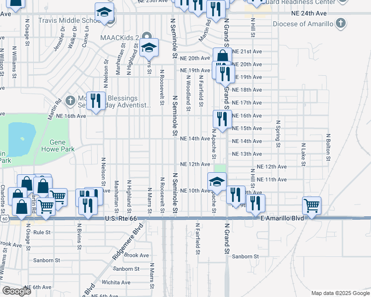 map of restaurants, bars, coffee shops, grocery stores, and more near 1223 North Woodland Street in Amarillo