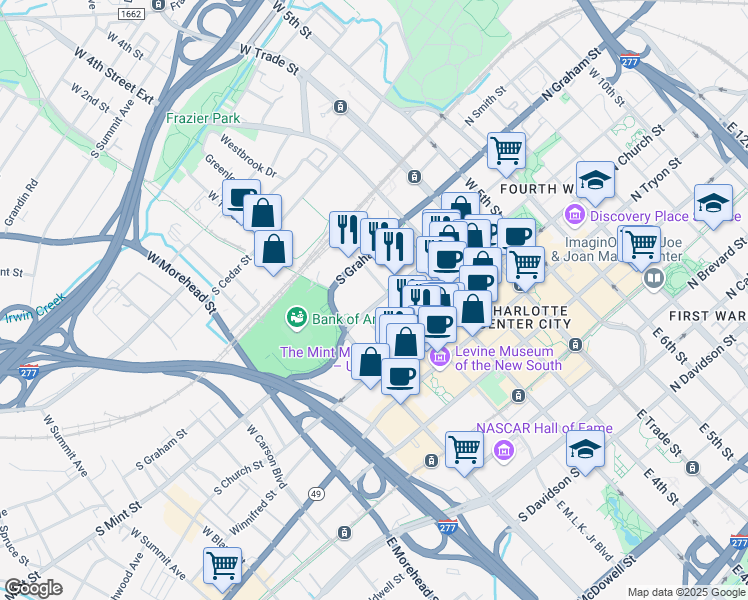 map of restaurants, bars, coffee shops, grocery stores, and more near 404 South Mint Street in Charlotte