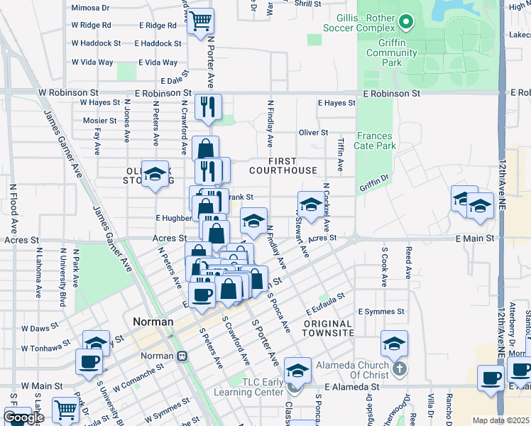 map of restaurants, bars, coffee shops, grocery stores, and more near 520 East Frank Street in Norman