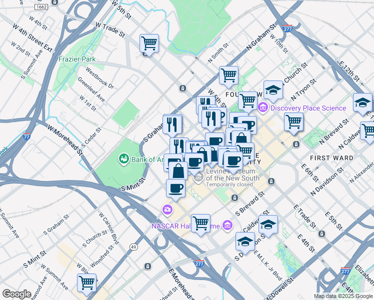 map of restaurants, bars, coffee shops, grocery stores, and more near 300 South Church Street in Charlotte