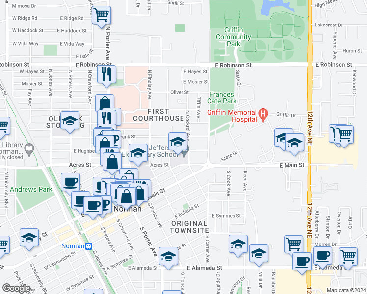 map of restaurants, bars, coffee shops, grocery stores, and more near 721 East Hughbert Street in Norman