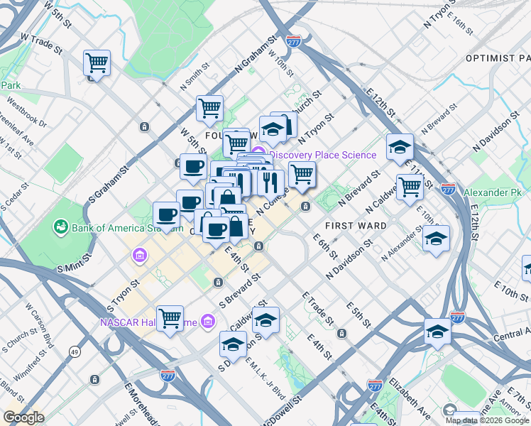 map of restaurants, bars, coffee shops, grocery stores, and more near 200 North College Street in Charlotte