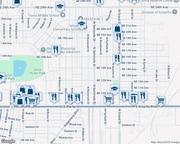 map of restaurants, bars, coffee shops, grocery stores, and more near 1223 North Seminole Street in Amarillo