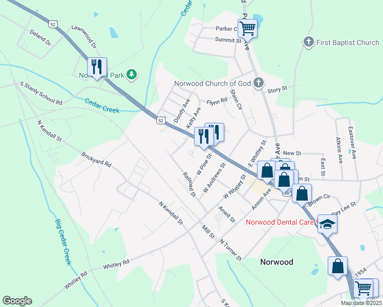 map of restaurants, bars, coffee shops, grocery stores, and more near 431 North Main Street in Norwood