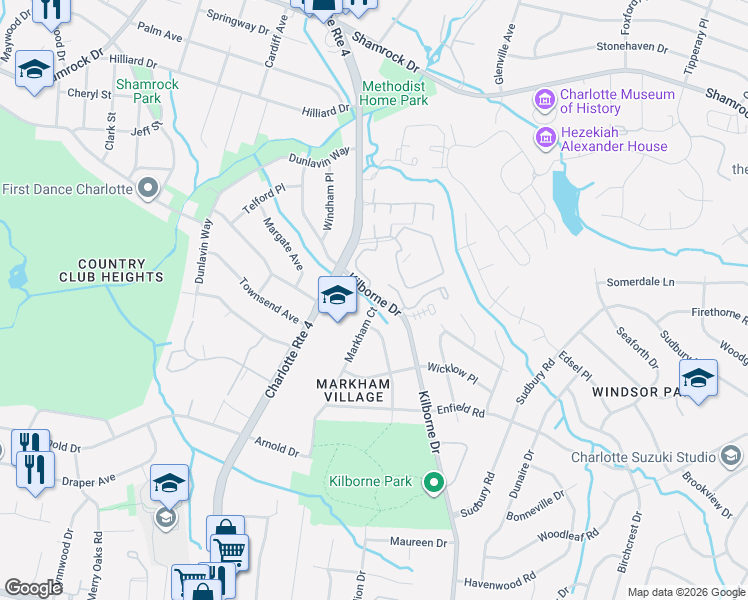map of restaurants, bars, coffee shops, grocery stores, and more near 2123 Kilborne Drive in Charlotte